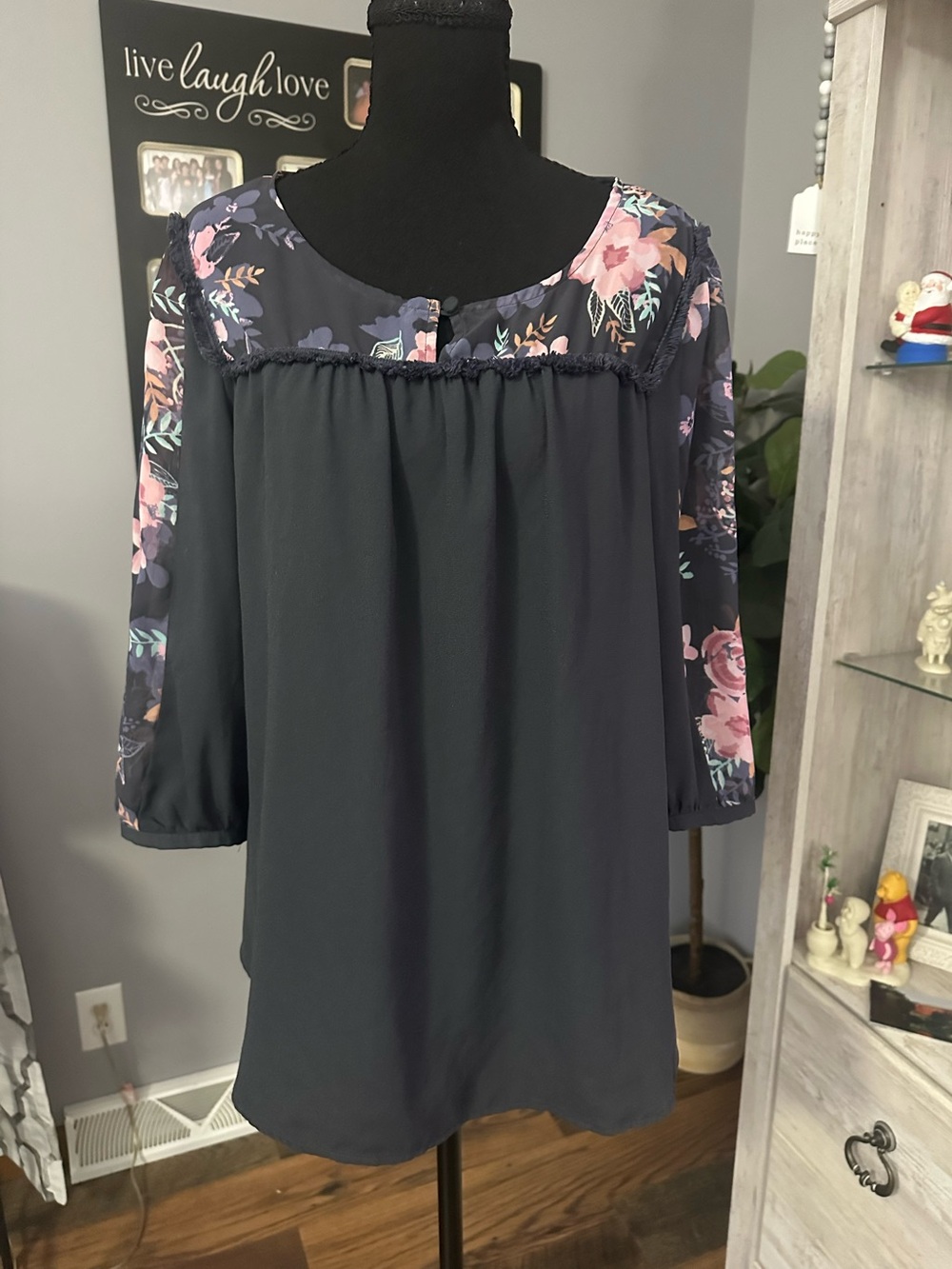 LC Lauren Conrad Navy Floral Yoke Blouse